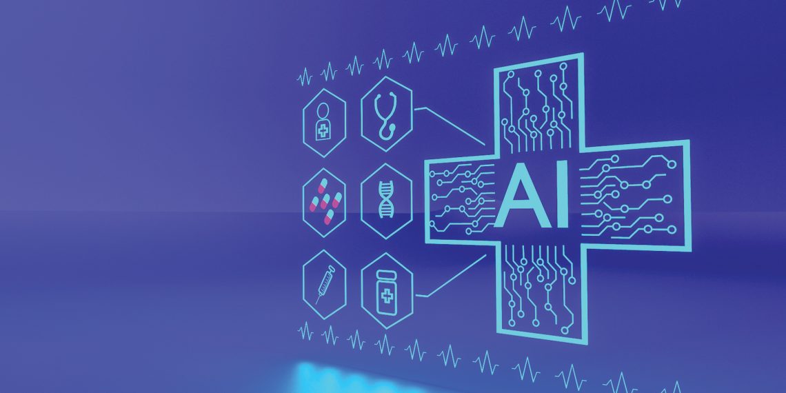 Digital graphic of AI in healthcare with a circuit styled medical cross and medical icons.