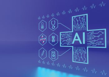 Digital graphic of AI in healthcare with a circuit styled medical cross and medical icons.