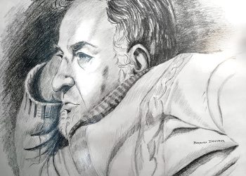 Pencil sketch of a man in profile with a contemplative expression and detailed shading.