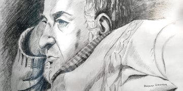 Pencil sketch of a man in profile with a contemplative expression and detailed shading.