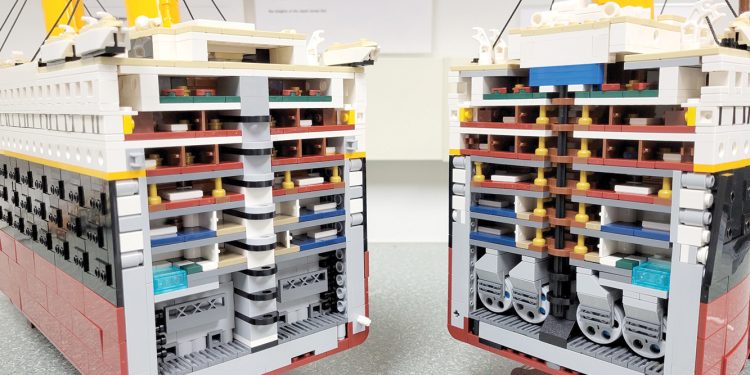 Two LEGO models with open sides reveal detailed interior layers and mechanical sections resembling a ship cross section.
