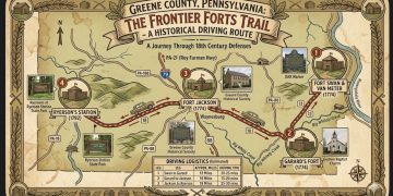 Illustrated map of Greene County's Frontier Forts Trail showing four historic fort sites, landmarks, routes, and driving information.