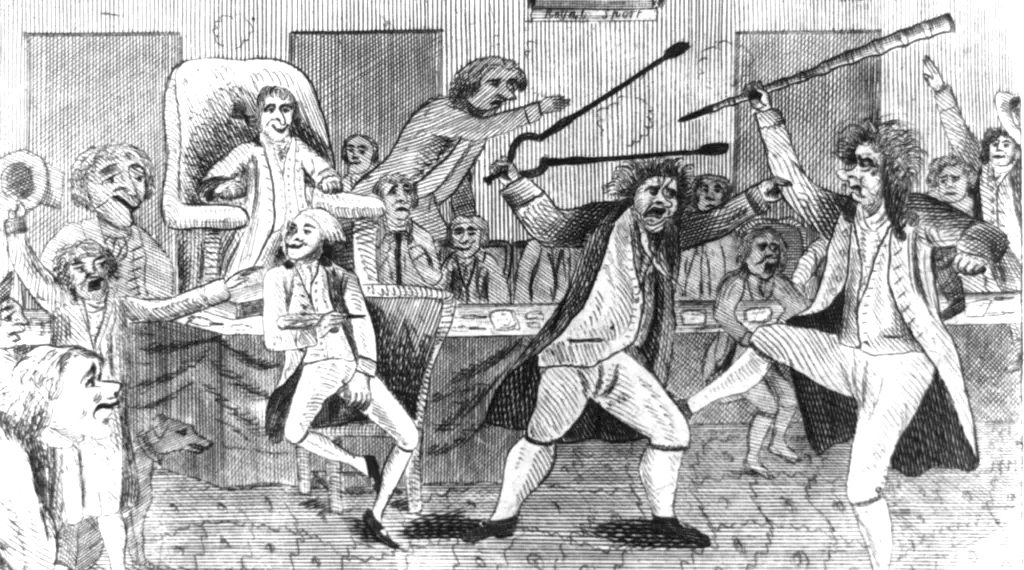 A historic black and white illustration shows a chaotic fight breaking out inside a crowded political meeting hall.