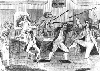 A historic black and white illustration shows a chaotic fight breaking out inside a crowded political meeting hall.