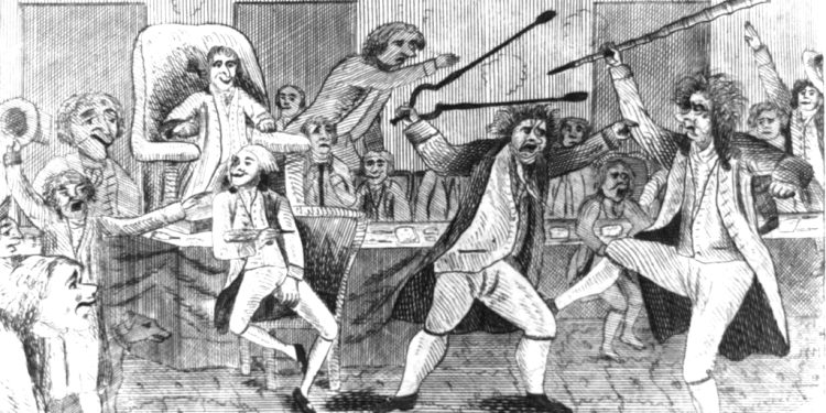 A historic black and white illustration shows a chaotic fight breaking out inside a crowded political meeting hall.