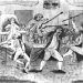 A historic black and white illustration shows a chaotic fight breaking out inside a crowded political meeting hall.