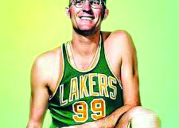 A basketball player in a Lakers jersey poses with a basketball in a vintage style portrait.