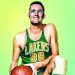 A basketball player in a Lakers jersey poses with a basketball in a vintage style portrait.