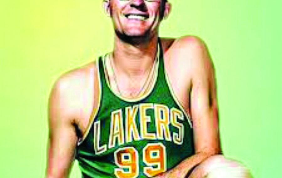 A basketball player in a Lakers jersey poses with a basketball in a vintage style portrait.