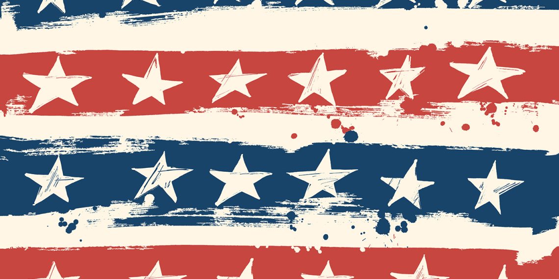 Grunge American flag pattern with stars and stripes symbolizing 250th anniversary of US Independence Day celebration in 2026.