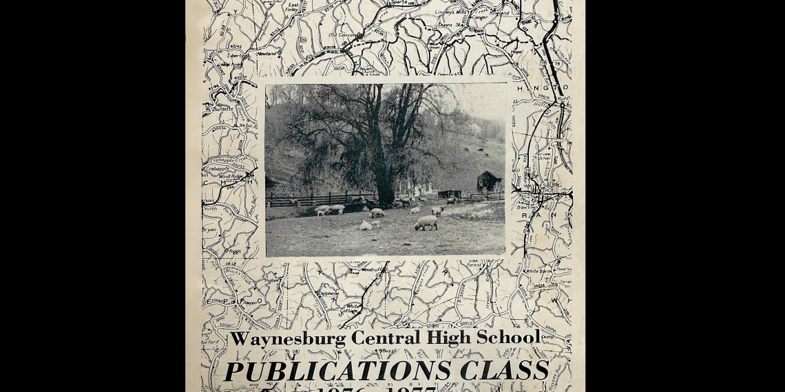 The cover of the 1976 to 1977 Backroads publication features a Greene County map surrounding a black and white photo of sheep grazing in a rural field.