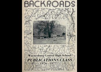 The cover of the 1976 to 1977 Backroads publication features a Greene County map surrounding a black and white photo of sheep grazing in a rural field.