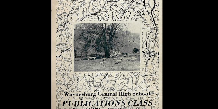 The cover of the 1976 to 1977 Backroads publication features a Greene County map surrounding a black and white photo of sheep grazing in a rural field.