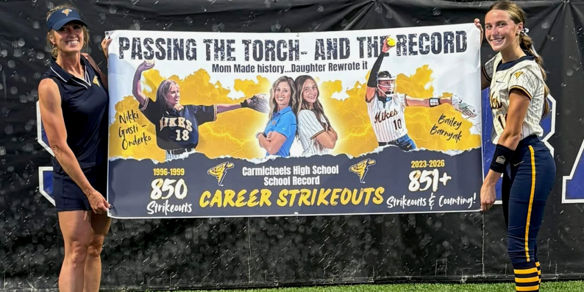Nikki Gasti Onderko and Bailey Barnyak hold a banner celebrating the Carmichaels High School career strikeout record passing from mother to daughter.