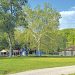 A scenic view of Mon View Park in Greensboro features playgrounds, open grassy areas, large trees, and the Mon View Roller Rink and Community Center sign.
