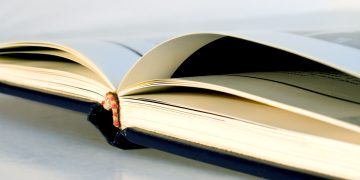 An open hardcover book with gently curved pages rests on a smooth surface in soft natural light.