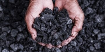 A pair of hands holds a pile of coal with a background of loose coal pieces.