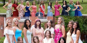 A composite image shows the 2026 Pennsylvania Bituminous Coal Queen candidates and the 2026 Miss Rain Day candidates posing together outdoors at Waynesburg University and The Denny House.