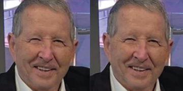 Close-up headshot of an older man smiling repeated double image.