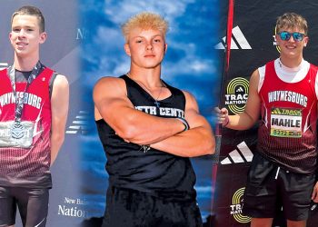 Composite image of Greene County athletes Nate Ricciuti, Deakyn Dehoet, and Andy Mahle competing at the New Balance and Reebok National Championships.