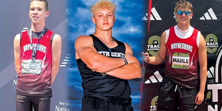 Composite image of Greene County athletes Nate Ricciuti, Deakyn Dehoet, and Andy Mahle competing at the New Balance and Reebok National Championships.