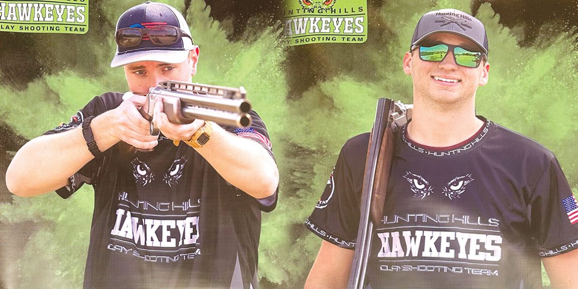 A Hunting Hills Hawkeyes clay target shooter is shown aiming a shotgun and posing with his firearm in a two photo collage.