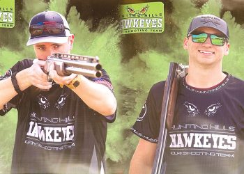 A Hunting Hills Hawkeyes clay target shooter is shown aiming a shotgun and posing with his firearm in a two photo collage.