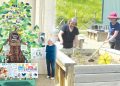 A split image shows Penn State Extension Master Gardeners presenting an educational display and working together in raised garden beds.