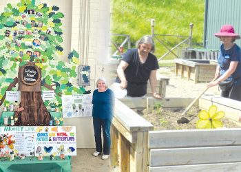 A split image shows Penn State Extension Master Gardeners presenting an educational display and working together in raised garden beds.