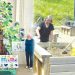 A split image shows Penn State Extension Master Gardeners presenting an educational display and working together in raised garden beds.