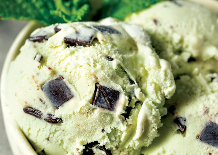 Close up of mint chocolate chip ice cream with large dark chocolate chunks in creamy pale green scoops.