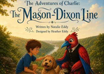 Illustrated book cover showing a young boy, a dog, and a red-and-blue bird character overlooking a winding river and wooded hills beneath the title The Adventures of Charlie: The Mason-Dixon Line.