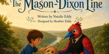 Illustrated book cover showing a young boy, a dog, and a red-and-blue bird character overlooking a winding river and wooded hills beneath the title The Adventures of Charlie: The Mason-Dixon Line.