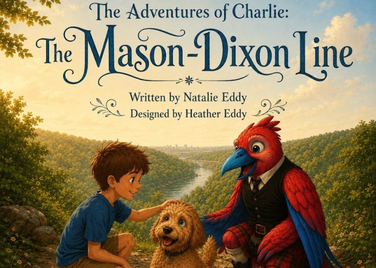 Illustrated book cover showing a young boy, a dog, and a red-and-blue bird character overlooking a winding river and wooded hills beneath the title The Adventures of Charlie: The Mason-Dixon Line.