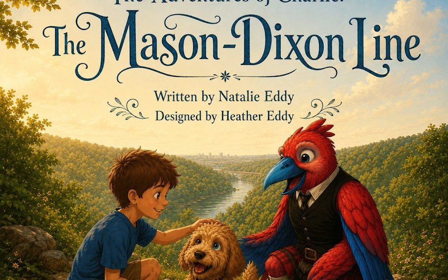 Illustrated book cover showing a young boy, a dog, and a red-and-blue bird character overlooking a winding river and wooded hills beneath the title The Adventures of Charlie: The Mason-Dixon Line.