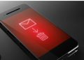 Angled smartphone with a glowing red screen showing an envelope icon, downward arrow, and trash bin symbol.