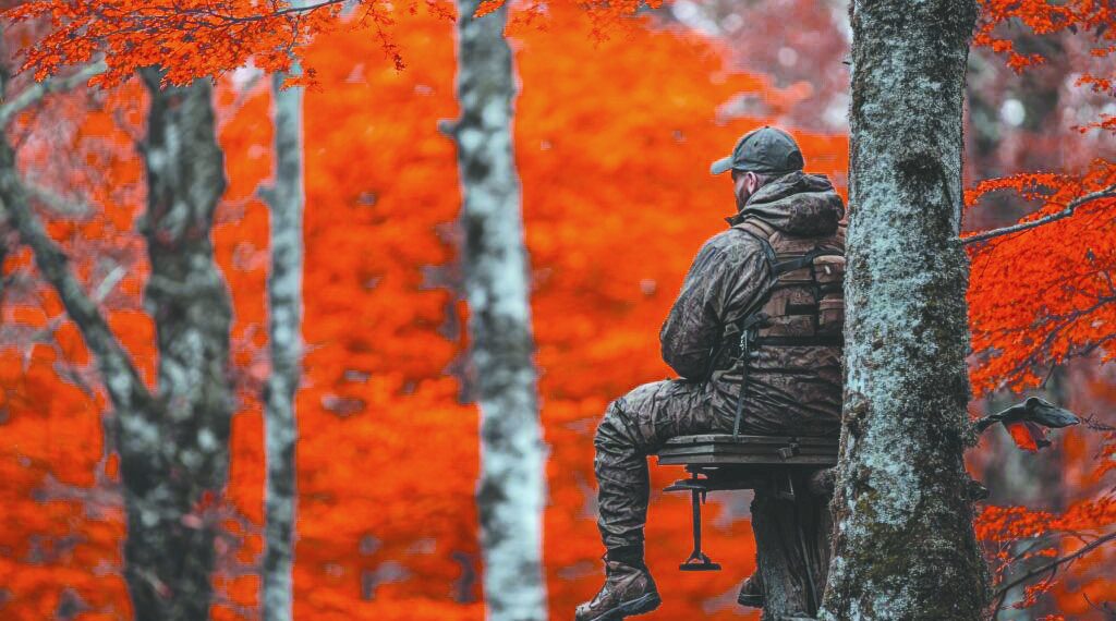 A hunter in camouflage sits in a tree stand among orange autumn leaves.
