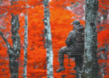A hunter in camouflage sits in a tree stand among orange autumn leaves.