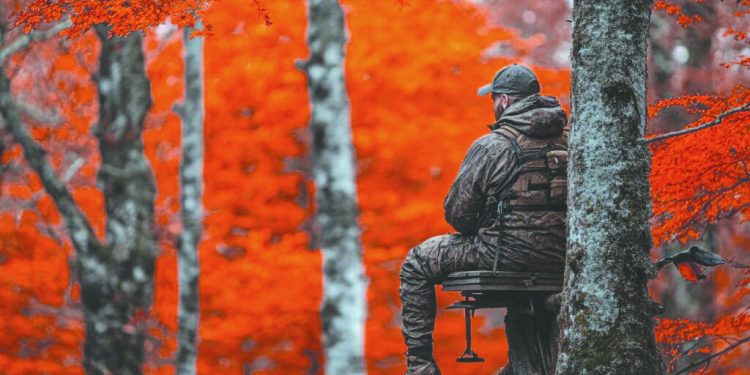 A hunter in camouflage sits in a tree stand among orange autumn leaves.