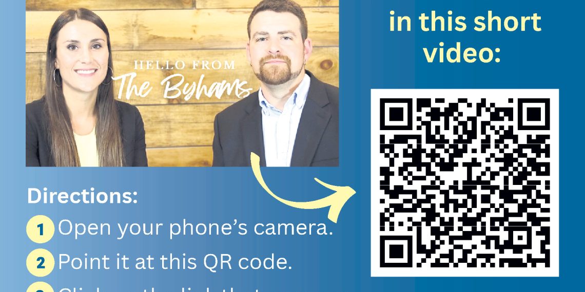 Promotional graphic featuring the Byhams, independent Medicare insurance agents, with a QR code and instructions to scan it to watch an introductory video.