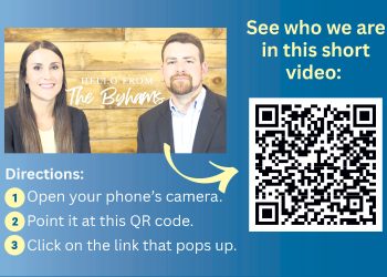 Promotional graphic featuring the Byhams, independent Medicare insurance agents, with a QR code and instructions to scan it to watch an introductory video.