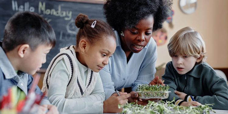 A teacher helps three young students examine seedlings during a hands-on classroom activity.
