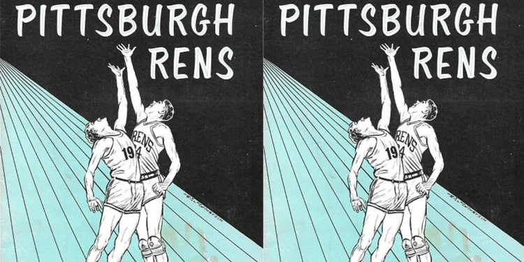 Side-by-side duplicate covers of “The Pittsburgh Rens” showing two basketball players jumping for a ball under the title and a 25 cent price.