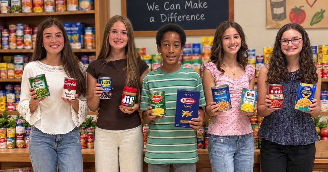 Five McGuffey Middle School students hold canned goods and boxed food while standing in front of stocked food pantry shelves.