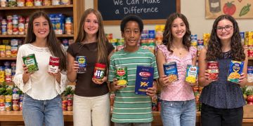 Five McGuffey Middle School students hold canned goods and boxed food while standing in front of stocked food pantry shelves.