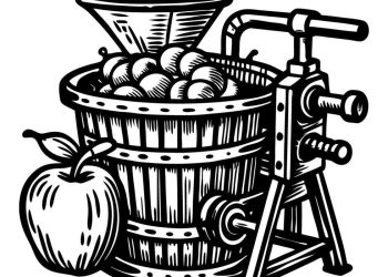 Black-and-white illustration of a traditional wooden apple cider press with a hand crank, filled with apples and accompanied by a large apple in the foreground.