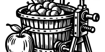 Black-and-white illustration of a traditional wooden apple cider press with a hand crank, filled with apples and accompanied by a large apple in the foreground.