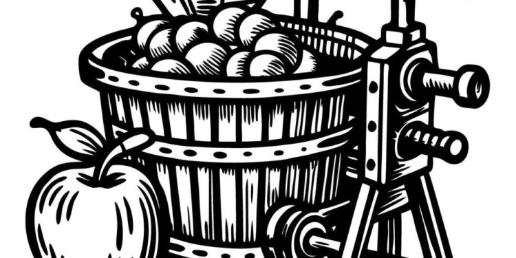 Black-and-white illustration of a traditional wooden apple cider press with a hand crank, filled with apples and accompanied by a large apple in the foreground.