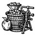 Black-and-white illustration of a traditional wooden apple cider press with a hand crank, filled with apples and accompanied by a large apple in the foreground.