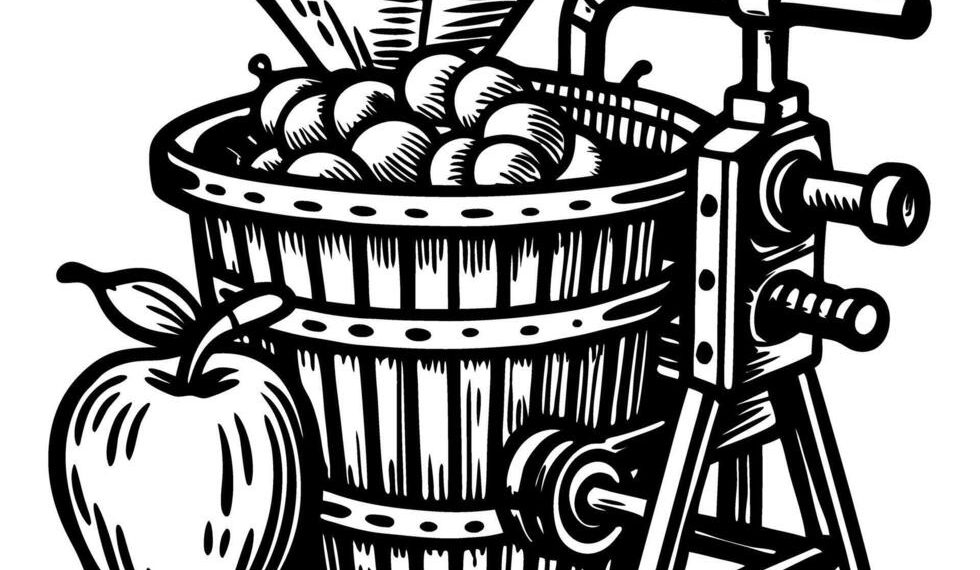 Black-and-white illustration of a traditional wooden apple cider press with a hand crank, filled with apples and accompanied by a large apple in the foreground.